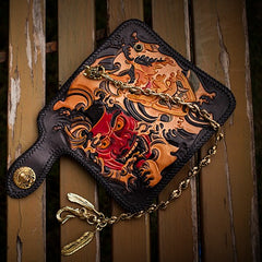 Handmade Leather Tooled Prajna Mens Chain Biker Wallet Cool Leather Wallet With Chain Wallets for Men