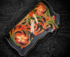 Handmade Leather Black Mens Tooled Skull Chain Biker Wallet Cool Leather Wallet Long Clutch Wallets for Men