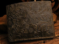 Handmade Leather Floral Mens Cool Slim Leather Wallet Men billfold Wallets Bifold for Men