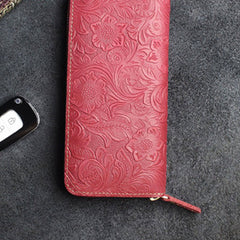 Handmade Leather Floral Mens Cool Travel Long Wallet Card Holder Card Slim Clutch Wallets for Men