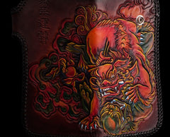 Handmade Leather Chinese Lion Mens Chain Biker Wallet Cool Leather Wallet With Chain Wallets for Men