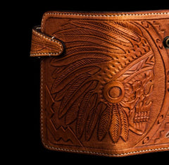 Handmade Leather Skull Indian Chief Tooled Mens billfold Wallet Cool Chain Wallet Biker Wallet for Men