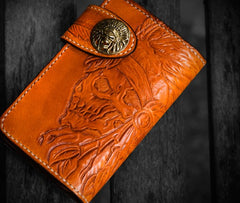 Handmade Leather Tooled Skull Indian Chief Biker Wallet Mens Cool billfold Chain Wallet Trucker Wallet with Chain