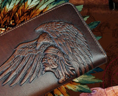 Handmade Leather Mens Tooled Indian Cool Zipper Phone Travel Long Wallet Card Holder Card Slim Clutch Wallets for Men