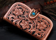 Handmade Leather Tooled Floral Mens Clutch Wallet Cool Wallet Long Wallets for Men Women