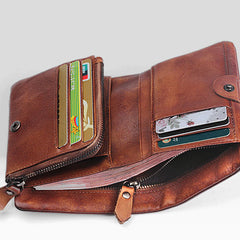 Handmade Mens Cool billfold Leather Wallet Men Small Zipper Wallets Trifold for Men - iwalletsmen