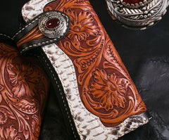 Handmade Mens Cool Tooled Boa Skin Floral Leather Chain Wallet Biker Trucker Wallet with Chain