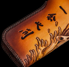 Handmade Leather Tooled Buddha&Demon Mens Chain Biker Wallet Cool Leather Wallet With Chain Wallets for Men