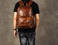 Genuine Leather Mens Cool Backpack Sling Bag Large Brown Travel Bag Hiking Bag for men