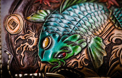 Handmade Leather Tooled Carp Mens Chain Biker Wallet Cool Leather Wallet Long Phone Wallets for Men