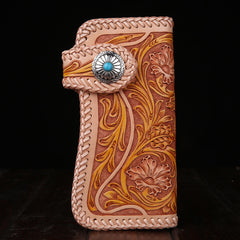 Handmade Mens Cool Tooled Floral Leather Chain Wallet Biker Trucker Wallet with Chain - iwalletsmen