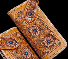 Handmade Mens Cool Tooled Floral Leather Chain Wallet Biker Trucker Wallet with Chain