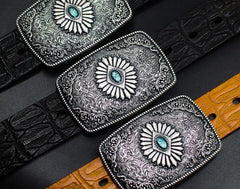 Handmade Genuine Leather Punk Rock Colour Enamels Floral Mens Cool Men Biker Trucker Leather Belt