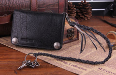 Genuine Leather Mens Cool Biker Chain Wallet Long Leather Wallet Slim Clutch Wristlet Wallet for Men