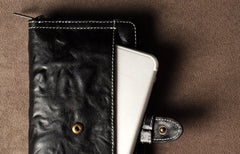 Genuine Leather Mens Cool Long Leather Wallet Cards Phone Zipper Clutch Wristlet Wallet for Men