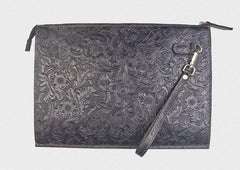 Handmade Leather Floral Tooled Mens Clutch Cool Slim Wallet Zipper Clutch Wristlet Wallet for Men