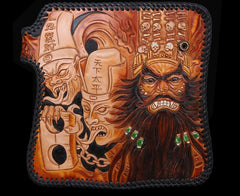 Handmade Mens Cool Tooled Zhong Kui demon Leather Chain Wallet Biker Trucker Wallet with Chain