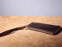 Handmade Genuine Leather Mens Cool Biker Chain Wallet Long Leather Wallet Slim Clutch Wristlet Wallet for Men