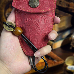 Handmade Leather Floral Mens Cool Car Key Wallet Coin Wallet Pouch Car KeyChain for Men