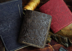 Handmade Leather Floral Mens Cool Slim Leather Wallet Men billfold Wallets Bifold for Men