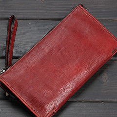 Handmade Leather Mens Cool Long Leather Wallet Zipper Clutch Wristlet Wallet for Men