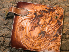 Handmade Leather Mens Cool Tooled Prajna Chain Wallet Biker Trucker Wallet with Chain