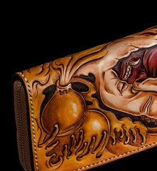 Handmade Leather Mens Clutch Wallet Cool Buddha&Demon Tooled Wallet Long Zipper Wallets for Men