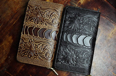 Handmade Leather Mens Tooled Floral Cool Zipper Phone Travel Long Wallet Card Holder Card Slim Clutch Wallets for Men