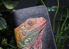 Handmade Leather Chameleon Mens Chain Zipper Biker Wallet Cool Leather Wallet Long Phone Wallets for Men
