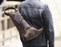 Genuine Leather Mens Cool Chest Bag Sling Bag Crossbody Bag Travel Bag Hiking Bag for men