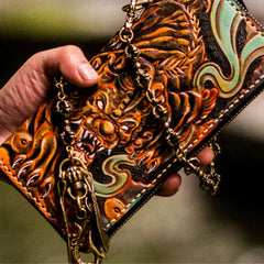 Handmade Leather Mens Tooled Monster Chain Biker Wallet Cool Leather Wallet Long Clutch Wallets for Men