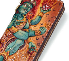 Handmade Leather Tooled Ucchusma Mens Chain Biker Wallet Cool Leather Wallet Zipper Long Phone Wallets for Men
