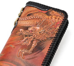 Handmade Leather Tooled Chinese Dragon Tiger Mens Chain Biker Wallet Cool Leather Wallet Long Clutch Wallets for Men