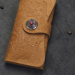 Handmade Leather Floral Mens Cool Travel Long Wallet Card Holder Card Slim Clutch Wallets for Men