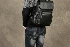 Genuine Leather Mens Cool Backpack Sling Bag Large Black Travel Bag Hiking Bag for men