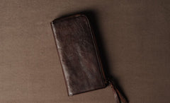 Genuine Leather Mens Cool Long Leather Wallet Cards Phone Zipper Clutch Wristlet Wallet for Men