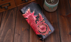 Handmade Mens Cool Tooled Carp Leather Chain Wallet Biker Trucker Wallet with Chain
