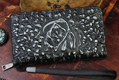 Handmade Leather Mens Tooled Skull Death Cool Zipper Phone Travel Long Wallet Card Holder Card Slim Clutch Wallets for Men
