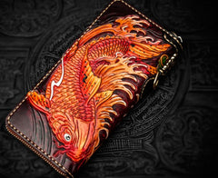 Handmade Leather Tooled Carp Mens Chain Biker Wallet Cool Leather Wallet Long Phone Wallets for Men