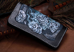 Handmade Leather Skull Tooled Mens Chain Biker Wallet Cool Leather Wallet With Chain Wallets for Men