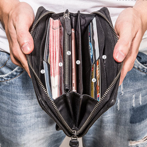 Handmade Mens Cool Long Leather Chain Wallet Cards Biker Trucker Wristlet Wallet - iwalletsmen