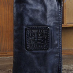 Handmade Genuine Leather Mens Cool Long Leather Wallet Zipper Clutch Wristlet Wallet for Men