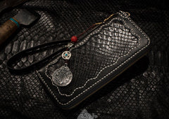 Handmade Leather Python Skin Mens Chain Biker Wallet Cool Leather Wallet Long Phone Wallets for Men