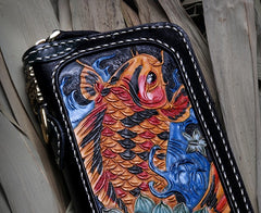 Handmade Leather Carp Mens Chain Biker Wallet Cool Leather Wallet Long Phone Wallets for Men