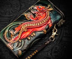 Handmade Leather Chinese Monster Mens Chain Biker Wallet Cool Leather Wallet With Chain Wallets for Men