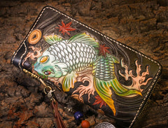 Handmade Leather Carp Mens Chain Biker Wallet Cool Leather Wallet Long Clutch Wallets for Men