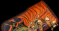 Handmade Leather Tooled Mahākāla Mens Chain Biker Wallet Cool Leather Wallet Long Clutch Wallets for Men