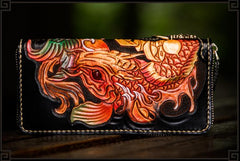 Handmade Leather Tooled Carp Mens Chain Biker Wallet Cool Leather Wallet Long Phone Wallets for Men