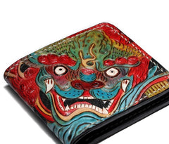Handmade Leather Chinese Lion Tooled Mens billfold Wallet Cool Leather Wallet Slim Wallet for Men