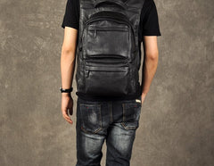 Genuine Leather Mens Cool Backpack Sling Bag Large Black Travel Bag Hiking Bag for men